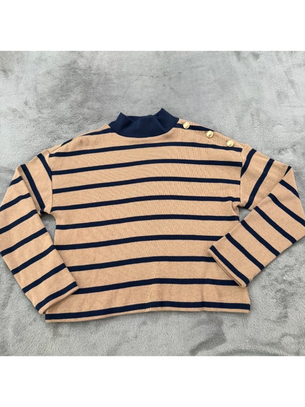 Ann Taylor Weekend Tan Navy Stripe Mock Neck Sweater Womens MEDIUM 100% Cotton